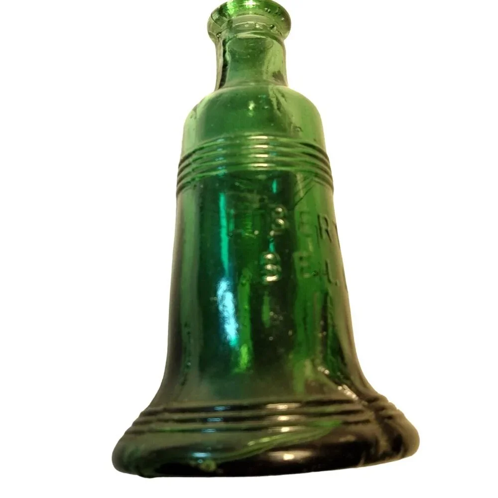 Green Glass Liberty Bell Bottle Miniature 3 Inch